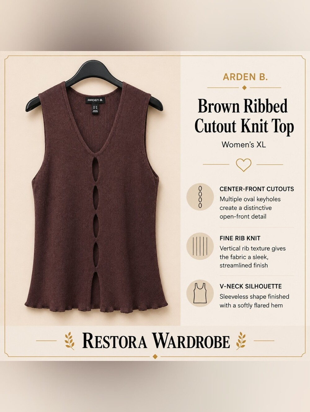 Arden B Y2K Brown Cutout Ribbed Knit Top XL NWT